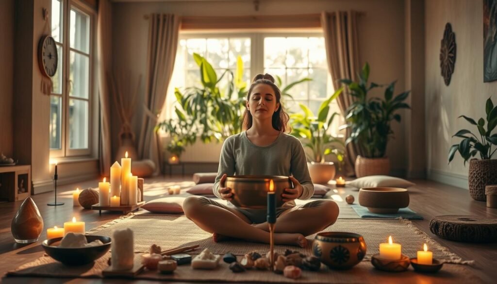 A tranquil scene of a sound healing session, bathed in soft, warm lighting. In the foreground, a person sits cross-legged, holding a singing bowl, their eyes closed in a meditative state. Surrounding them, an array of healing crystals, incense, and other spiritual tools create a serene, therapeutic atmosphere. In the middle ground, the room is adorned with calming earth-tone decor, with large windows allowing natural light to filter in. In the background, a lush, verdant indoor plant life creates a sense of harmony and connection to nature. The overall mood is one of deep relaxation, introspection, and the soothing power of sound-based healing.