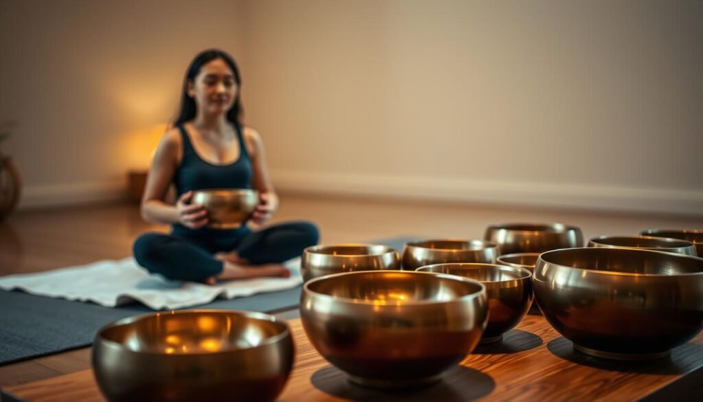 A tranquil scene of a sound healing session with singing bowls. In the foreground, a person sits cross-legged, holding a bronze singing bowl, their eyes closed in meditation. Soft, warm lighting illuminates the scene, casting a cozy glow. In the middle ground, an array of various-sized singing bowls are arranged on a wooden table, their surfaces gleaming. The background depicts a serene, minimalist room with muted, earthy tones, hinting at a calming, restorative atmosphere. The overall mood is one of deep relaxation and spiritual introspection, as the viewer is invited to experience the transformative power of sound healing.
