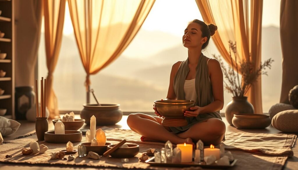 A tranquil scene of a sound healing therapy session, bathed in warm, soft lighting. In the foreground, a person sits cross-legged, holding a bronze singing bowl, their eyes closed in deep meditation. Surrounding them, an array of quartz crystals, incense sticks, and other holistic healing tools are neatly arranged. In the middle ground, the room is adorned with natural textures, such as wooden shelves and fabric draperies, creating a cozy, welcoming atmosphere. The background features a hazy, dreamlike landscape, with a subtle play of shadows and highlights, evoking a sense of serenity and transcendence. The overall mood is one of introspection, relaxation, and a journey towards spiritual awakening.