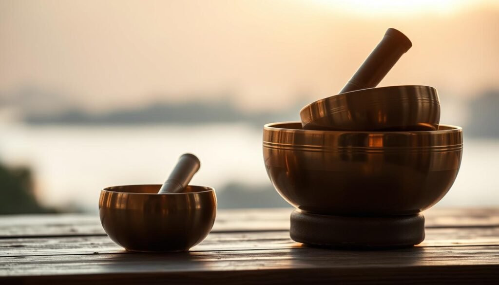 A tranquil scene of singing bowls resting on a wooden table, illuminated by soft, warm lighting. The bowls are arranged in a harmonious pattern, their metallic surfaces reflecting the gentle glow. In the background, a blurred, soothing landscape suggests a serene, contemplative atmosphere, inviting the viewer to experience a deep spiritual connection and guidance through the meditative power of these ancient instruments.
