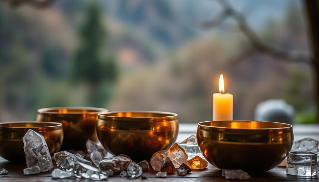 A tranquil, softly-lit scene of an array of singing bowls in the foreground, their brass surfaces reflecting the warm glow of candlelight. Surrounding them, a scattering of quartz crystals in various shapes and sizes, their facets catching the light and casting delicate patterns. In the background, a serene, blurred natural setting, perhaps a wooded glen or mountainous landscape, evoking a sense of grounding and connection to the earth. The overall atmosphere is one of introspection, intuition, and a soothing, meditative energy.