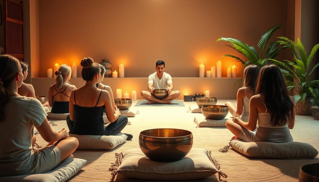 A tranquil sound bath scene, bathed in warm, soft lighting. In the foreground, a group of people sit cross-legged on plush cushions, eyes closed, as they immerse themselves in the soothing vibrations of singing bowls and chimes. In the middle ground, a skilled practitioner gently strikes the bowls, creating a meditative, resonant soundscape. The background features a minimalist, earthy decor with natural elements like river stones, flickering candles, and lush, verdant foliage, evoking a sense of serenity and wholeness. The overall atmosphere is one of deep relaxation, mindfulness, and healing.