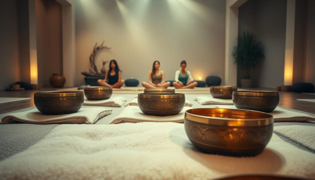 A tranquil sound bath therapy session in a serene, dimly lit studio. In the foreground, several ornate Tibetan singing bowls arranged on plush cushions, their surfaces gently reflecting the soft, warm lighting. In the middle ground, a small group of individuals sitting cross-legged, eyes closed, immersed in the soothing, resonant tones emanating from the bowls. The background features a calming, minimalist decor with muted colors, natural elements like driftwood or river stones, and a hazy, atmospheric ambiance, creating a deeply relaxing and meditative atmosphere.