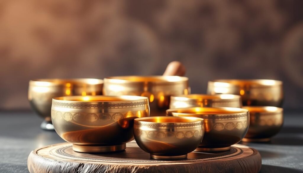 Intricate singing bowls of brass and crystal, arranged in a meditative display. Soft, warm lighting illuminates their polished surfaces, casting gentle reflections. In the foreground, three bowls of varying sizes sit atop a natural, wooden platform, their rims adorned with delicate patterns. The middle ground features additional bowls, each emitting a soothing, resonant tone. The background blends a serene, muted color palette, creating a tranquil, contemplative atmosphere, perfect for root chakra meditation.