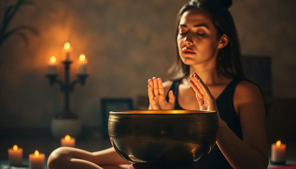 a meditative scene of a person sitting in a dimly lit room, their hands resting gently on a singing bowl, its vibrant bronze surface catching the warm glow of candlelight. The room is filled with a calming atmosphere, with soft shadows playing across the walls. The person's eyes are closed, their expression serene, as they focus intently on the resonant hum of the singing bowl, allowing its vibrations to wash over them and deepen their intuitive connection. The background is hazy, with a sense of timelessness, emphasizing the tranquil, introspective nature of the practice.