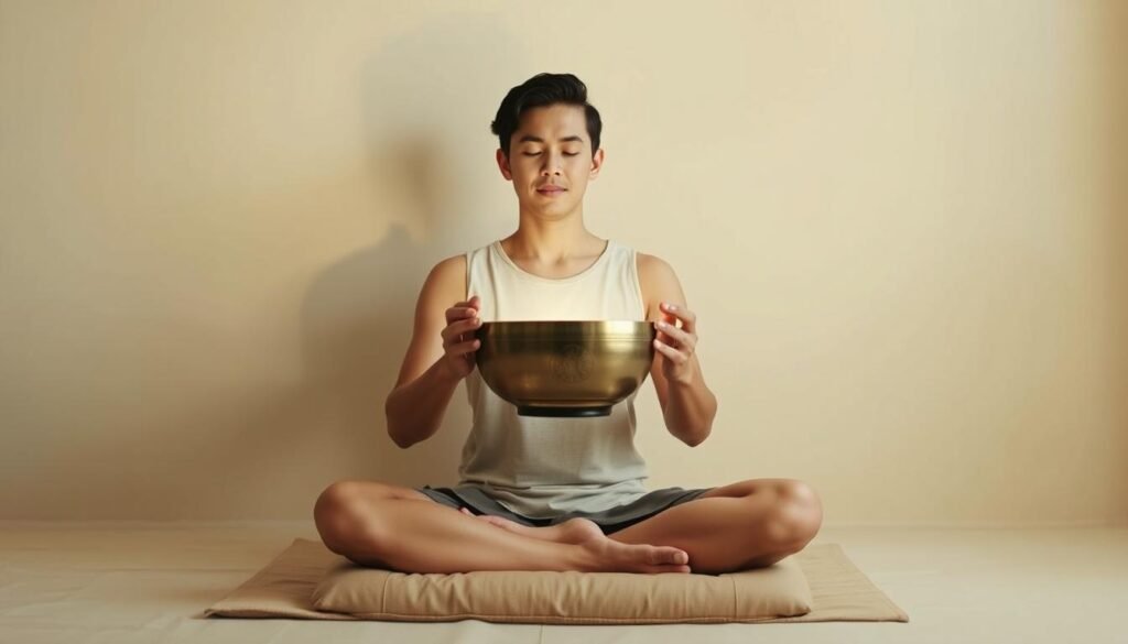 a serene and tranquil scene of a person sitting cross-legged on a meditation cushion, holding a singing bowl in their hands. The bowl is emitting a soft, glowing light, creating a halo-like effect around the person's head. The background is a calming, neutral color, with subtle textures and gradients to evoke a sense of depth and introspection. The lighting is soft and diffused, creating a warm, soothing atmosphere. The person's expression is one of deep focus and inner peace, as they prepare to use the singing bowl for a session of intuitive healing. The overall composition is balanced and harmonious, inviting the viewer to join in the meditative experience.