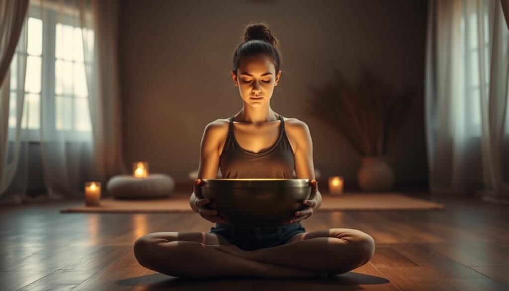 a serene, dimly lit room with warm lighting, a meditating person sitting in lotus position, holding a singing bowl in their hands, the bowl's gentle glow illuminating their face as they concentrate on the calming vibrations, soft natural textures and earth-toned colors in the background, a sense of tranquility and focus pervading the scene, shot with a wide-angle lens to capture the full atmosphere