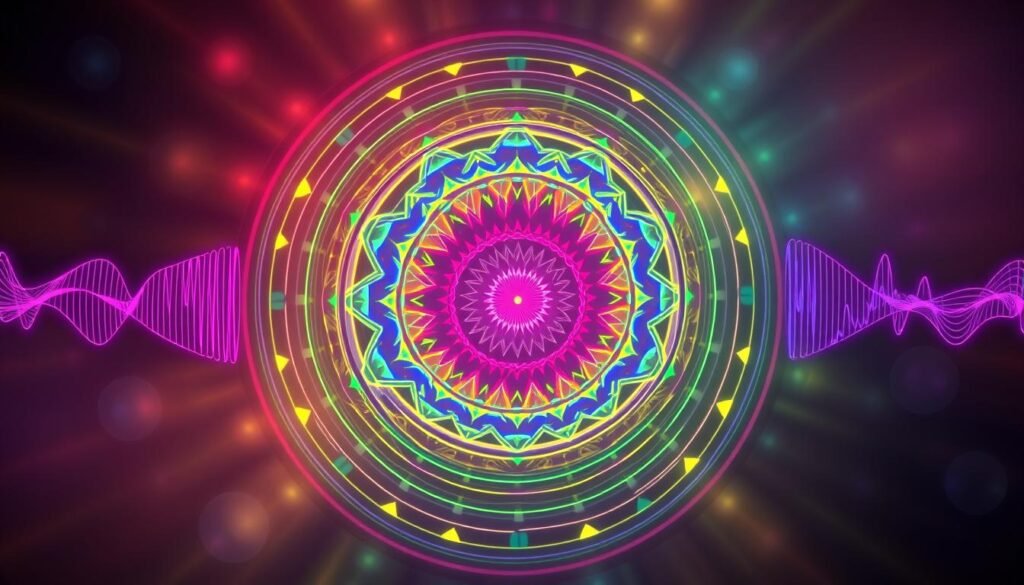 a vibrant, luminous mandala-like pattern of concentric circles and waves of multicolored sound frequencies, radiating from the center and filling the frame with a sense of energy and resonance. the frequencies are depicted as undulating lines and geometric shapes, pulsing with a hypnotic rhythm. the background is a soft, ethereal glow, creating a meditative and calming atmosphere. the lighting is soft and diffused, accentuating the otherworldly quality of the sound frequencies. the overall composition conveys a sense of balance, harmony, and the transformative power of sound.