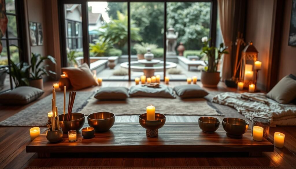 A cozy sound healing space arranged with a meditative ambiance. A wooden platform in the foreground holds an assortment of singing bowls, incense, and candles, bathed in warm, soft lighting. The middle ground features plush cushions and blankets, inviting visitors to sit and immerse themselves in the soothing vibrations. In the background, a large window overlooking a serene garden scene, with lush greenery and a calming water feature. The space is infused with an aura of tranquility, encouraging introspection and emotional restoration.