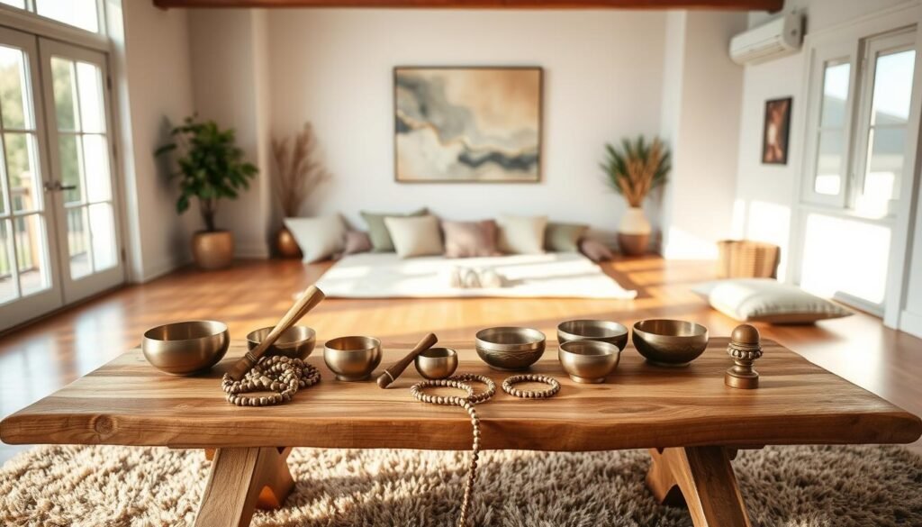 A cozy, well-lit room with natural lighting filtering in through large windows. In the foreground, a wooden table is adorned with an assortment of singing bowls, mala beads, and other meditation tools. A plush, earth-toned rug covers the hardwood floor, creating a grounding and welcoming atmosphere. In the middle ground, a group of cushions and blankets are arranged in a semi-circle, inviting participants to sit comfortably. The background features calming, abstract wall art in muted tones, complementing the overall serene and nurturing ambiance of the space. The lighting is soft and diffused, casting a warm, meditative glow throughout the room.