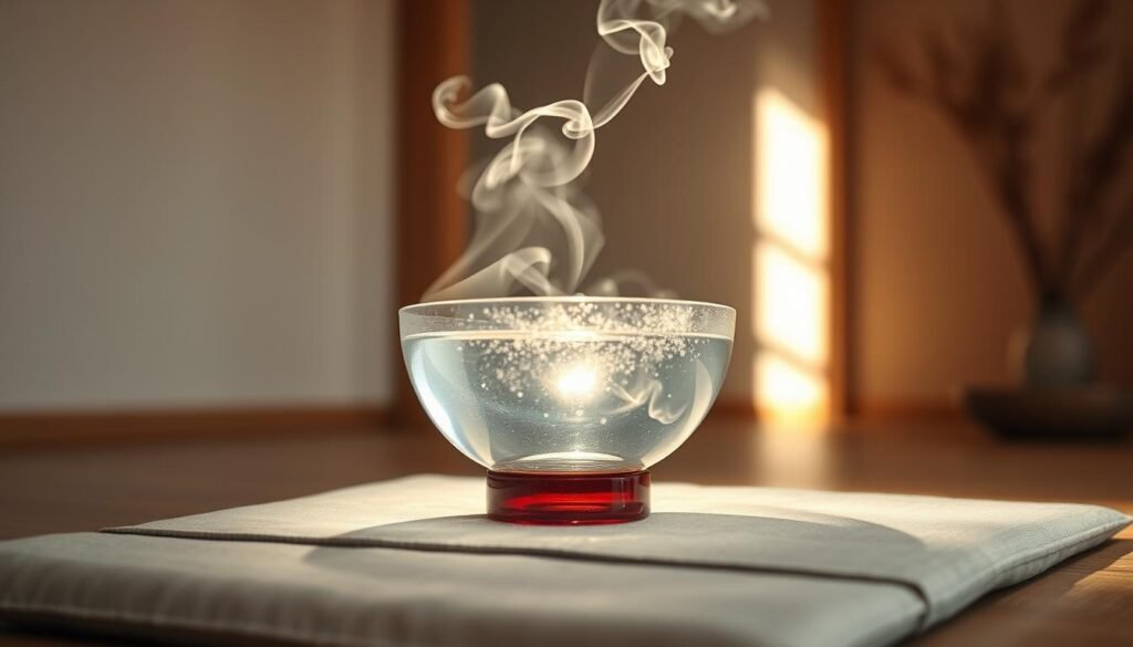 A crystal bowl sits on a serene meditation cushion, its glistening surface reflecting the soft, diffused lighting of the tranquil space. Wisps of incense smoke curl upwards, creating a hazy, ethereal atmosphere. In the background, a minimalist, Zen-inspired environment with muted tones and natural textures sets the stage for a deeply introspective moment. The angle captures the bowl at eye level, emphasizing its calming presence and inviting the viewer to experience its restorative vibrations. This image evokes a sense of stillness, balance, and the potential for overcoming challenges during meditation. A crystal bowl sits on a serene meditation cushion, its glistening surface reflecting the soft, diffused lighting of the tranquil space. Wisps of incense smoke curl upwards, creating a hazy, ethereal atmosphere. In the background, a minimalist, Zen-inspired environment with muted tones and natural textures sets the stage for a deeply introspective moment. The angle captures the bowl at eye level, emphasizing its calming presence and inviting the viewer to experience its restorative vibrations. This image evokes a sense of stillness, balance, and the potential for overcoming challenges during meditation.