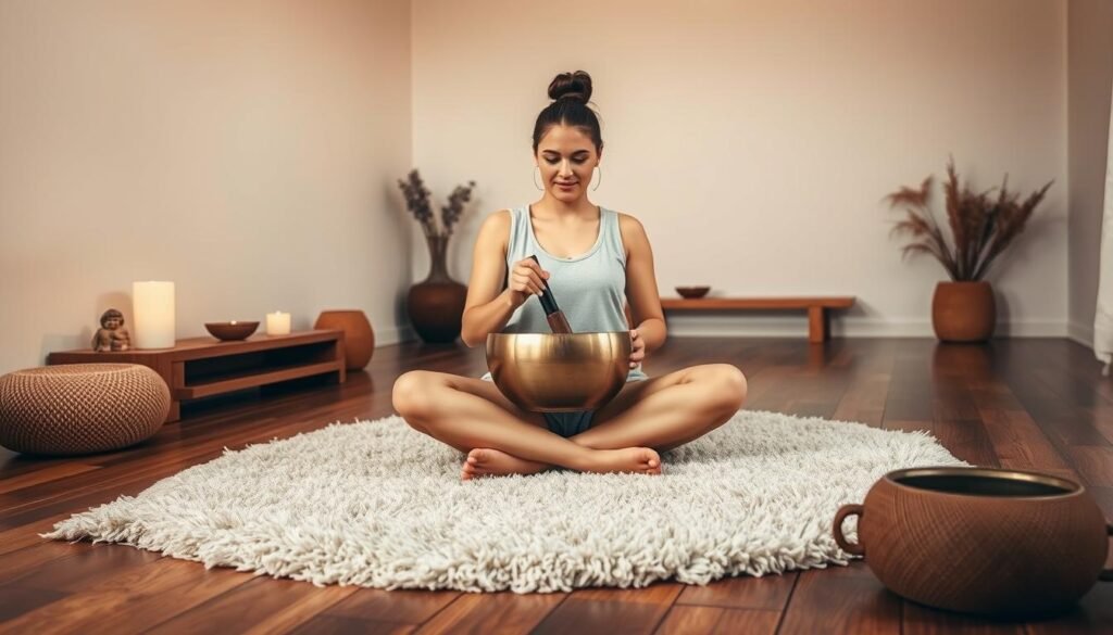 A peaceful and serene scene of a person sitting cross-legged on a plush carpet, deeply engaged in a daily ritual of playing a set of singing bowls. Warm, soft lighting illuminates the space, casting a gentle glow on the person's face as they gently strike the bowls, producing a mesmerizing and calming resonance. In the background, a minimalist, zen-inspired interior with clean lines and natural textures, creating a tranquil and meditative atmosphere. The image conveys a sense of grounding, introspection, and the therapeutic power of incorporating singing bowls into one's daily routine.
