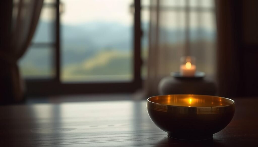 A peaceful, dimly lit room with a solitary singing bowl resting on a wooden table. The bowl's metal surface reflects the warm, golden glow of a nearby candle, casting a soft, meditative light. In the background, a blurred, serene landscape of rolling hills and a distant, hazy horizon. The scene evokes a sense of tranquility and introspection, inviting the viewer to engage in a mindful, restorative sound healing practice.