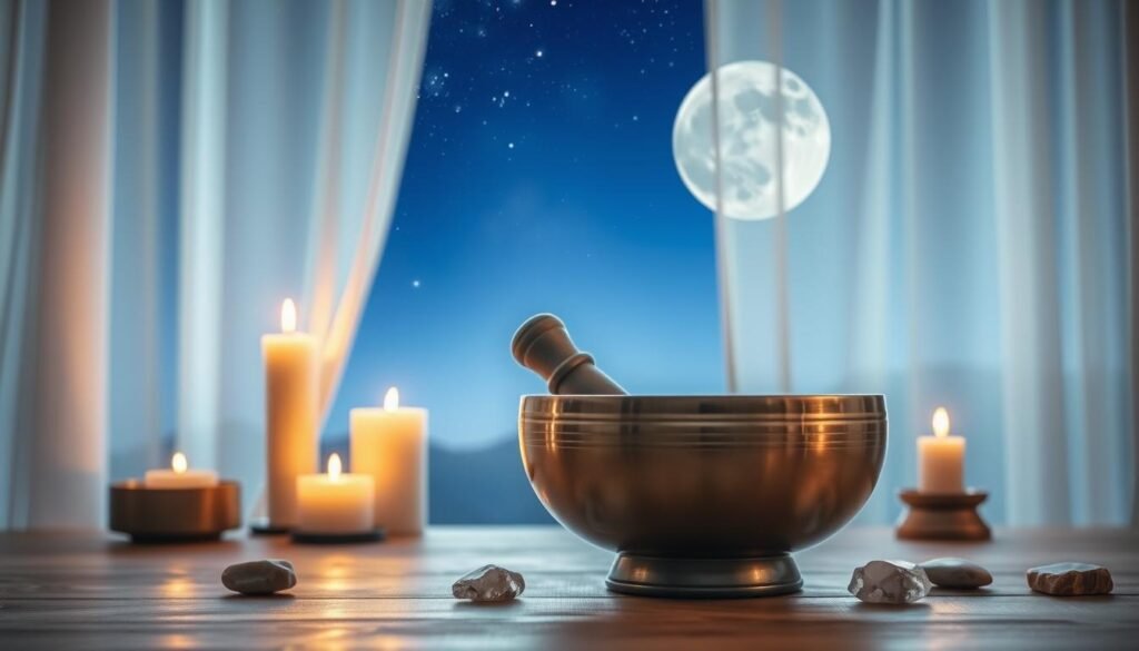 A peaceful meditation scene with a silver singing bowl resting on a wooden table, surrounded by flickering candles and crystalline stones. Soft, natural lighting filters through sheer curtains, casting a serene, ethereal glow. In the background, a large, full moon rises against a starry, indigo sky, symbolizing the spiritual power of this practice. The bowl's gentle vibrations and harmonic tones emanate from the image, inviting the viewer to close their eyes and become immersed in the moment of tranquility and self-reflection.