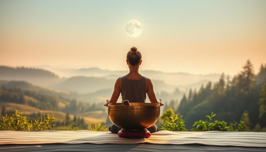 A peaceful meditation scene with a singing bowl at the center. In the foreground, a serene figure sits cross-legged, hands resting on their lap, deeply focused as they strike the gleaming bronze bowl, producing a soothing, resonant tone. The middle ground features a tranquil landscape with rolling hills, lush greenery, and a clear sky bathed in the soft glow of the full moon. In the background, a hazy, mystical forest frames the scene, adding to the otherworldly, spiritual atmosphere. Soft, diffused lighting casts gentle shadows, creating a calming, contemplative mood. The image conveys a sense of inner harmony and connection with the natural world.