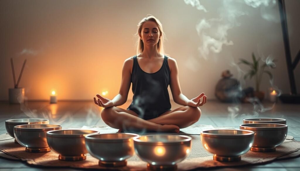 A peaceful, serene meditation scene. In the foreground, a person sits cross-legged, palms upturned, eyes closed, bathed in a soft, warm glow. Surrounding them, a ring of crystal singing bowls emits a gentle, ethereal vibration, their surfaces reflecting the light. In the middle ground, wisps of incense drift through the air, creating a hazy, mystical atmosphere. The background features a tranquil, minimalist environment, with natural elements like plants and stones, conveying a sense of grounding and balance. The lighting is soft and diffused, creating a calming, introspective mood. A peaceful, serene meditation scene. In the foreground, a person sits cross-legged, palms upturned, eyes closed, bathed in a soft, warm glow. Surrounding them, a ring of crystal singing bowls emits a gentle, ethereal vibration, their surfaces reflecting the light. In the middle ground, wisps of incense drift through the air, creating a hazy, mystical atmosphere. The background features a tranquil, minimalist environment, with natural elements like plants and stones, conveying a sense of grounding and balance. The lighting is soft and diffused, creating a calming, introspective mood.