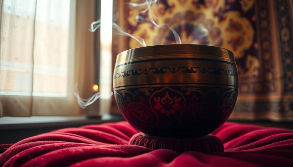 A serene Tibetan singing bowl sits on a plush, burgundy cushion, casting a warm, amber glow. Soft, ethereal light filters through a window, illuminating the intricate, hand-etched patterns on the bowl's surface. Subtle wisps of incense drift lazily, adding to the meditative atmosphere. In the background, a richly-textured tapestry in muted tones of gold and crimson hangs, conveying the deep spiritual traditions of Tibetan culture. The camera angle is slightly elevated, inviting the viewer to pause and experience the calming, restorative power of the singing bowl's soothing vibrations. A serene Tibetan singing bowl sits on a plush, burgundy cushion, casting a warm, amber glow. Soft, ethereal light filters through a window, illuminating the intricate, hand-etched patterns on the bowl's surface. Subtle wisps of incense drift lazily, adding to the meditative atmosphere. In the background, a richly-textured tapestry in muted tones of gold and crimson hangs, conveying the deep spiritual traditions of Tibetan culture. The camera angle is slightly elevated, inviting the viewer to pause and experience the calming, restorative power of the singing bowl's soothing vibrations.