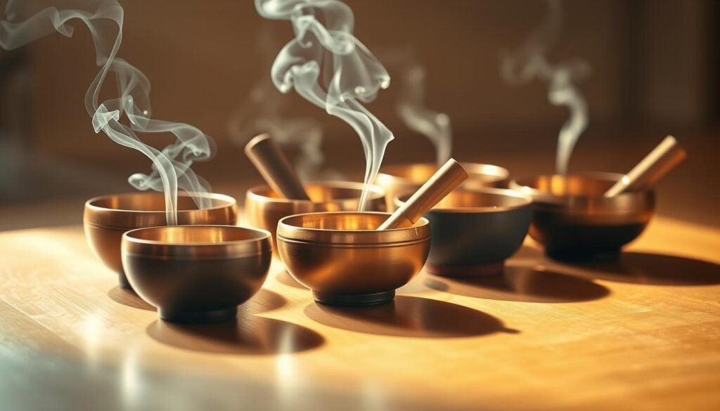 A serene and calming scene of healing vibrations emanating from a group of hand-crafted singing bowls. The bowls are placed on a smooth, polished wooden surface, bathed in warm, diffused lighting that creates a tranquil, meditative atmosphere. The bowls are depicted in a range of sizes and materials, including bronze, crystal, and ceramic, each resonating with a distinct, soothing tone. Wisps of incense or sage smoke curl gently around the bowls, adding to the sense of ritual and spiritual connection. The image is captured from a slightly elevated angle, allowing the viewer to fully appreciate the harmonious arrangement and the captivating interplay of light, sound, and texture.