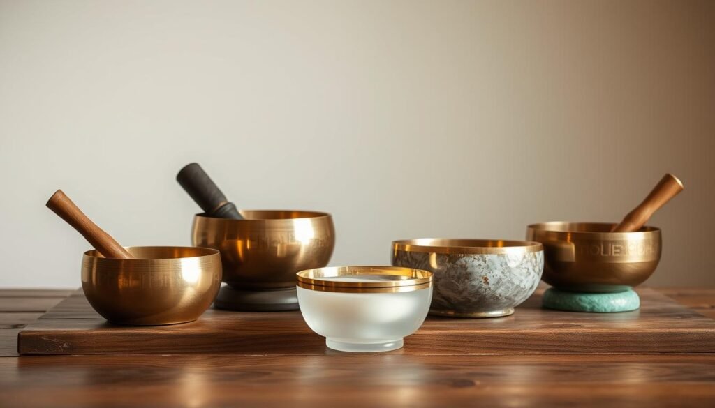 A serene and calming scene of several intricately crafted singing bowls arranged on a wooden surface. The bowls are in a range of sizes and materials, including brass, crystal, and stone, each emitting a soothing, resonant hum. Soft, diffused lighting casts a warm, meditative glow, creating an atmosphere of tranquility and relaxation. The bowls are positioned against a simple, neutral background, allowing the viewer to focus on the calming presence of the instruments. The scene evokes a sense of mindfulness and stress relief, inviting the viewer to engage in a moment of contemplation and sonic meditation.