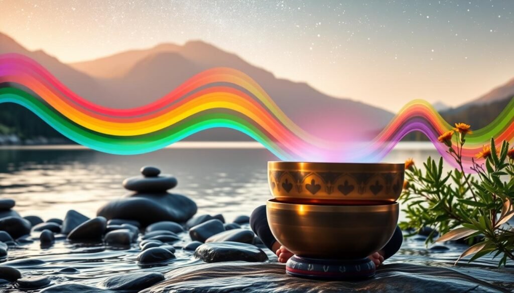 A serene and harmonious scene depicting the benefits of sound therapy. In the foreground, a person sits cross-legged, eyes closed, as colorful sound waves emanate from a singing bowl placed before them. The middle ground features calming natural elements like river stones, lush greenery, and a tranquil body of water, all bathed in warm, soft lighting. In the background, a mountainous landscape with a clear, starry sky creates a sense of expansive peacefulness. The overall atmosphere evokes a profound state of relaxation, healing, and spiritual rejuvenation.