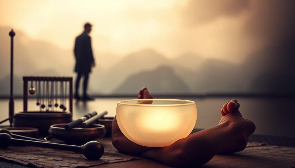A serene and meditative scene of a sound healing session. In the foreground, a person sits cross-legged, holding a crystal singing bowl, its soft glow illuminating their face. Surrounding them, an array of other sound healing tools - chimes, gongs, tuning forks - arranged with care. The middle ground features a soothing and atmospheric background, with muted hues and soft lighting, creating a sense of tranquility. In the distance, a shadowy figure stands, observing the scene, representing the misconceptions and skepticism that often surround sound healing practices. The overall composition conveys the calming and restorative nature of sound healing, while acknowledging the lingering doubts that some may hold.