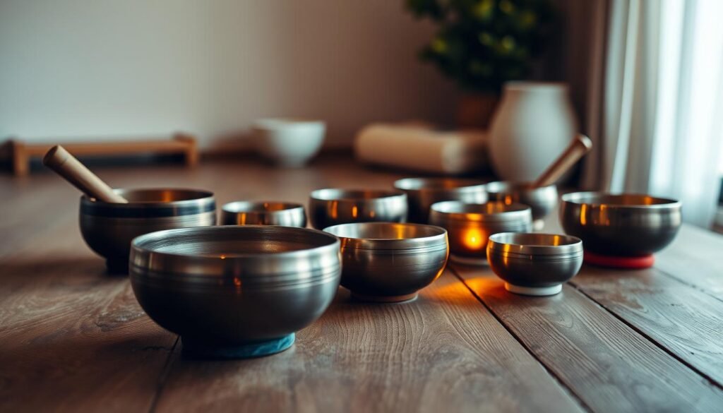 A serene and tranquil scene of a wooden table with an array of singing bowls in various sizes and colors, illuminated by warm, diffused lighting. The bowls are arranged in a deliberate, meditative pattern, reflecting the art of playing and tuning these instruments for spiritual healing. In the background, a softly blurred, minimalist environment suggests a calming, contemplative atmosphere, inviting the viewer to engage with the scene and learn the techniques of using singing bowls for personal growth and relaxation.