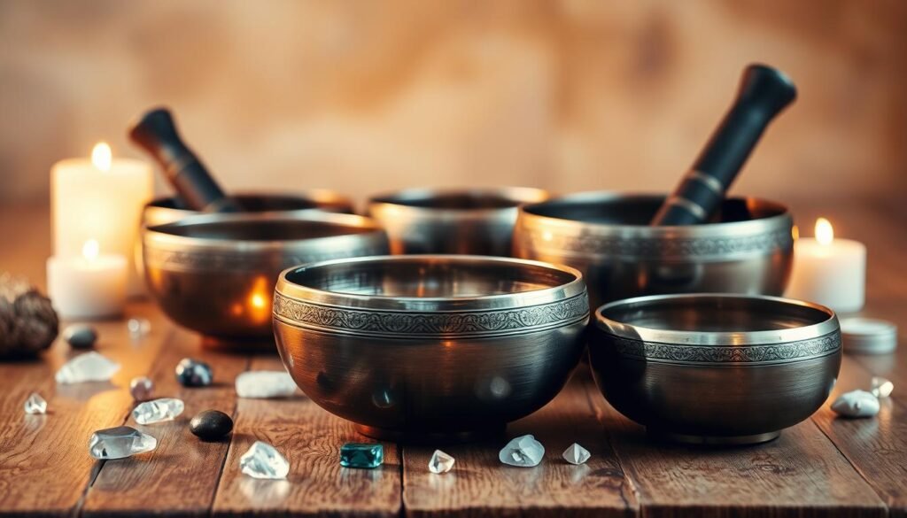 A serene and tranquil scene of several intricately crafted singing bowls of various sizes arranged on a wooden table. The bowls are illuminated by warm, soft lighting, casting gentle shadows and highlights that accentuate their smooth, metallic surfaces. The bowls are surrounded by a few scattered crystals, candles, and other healing elements, creating a calming and meditative atmosphere. The background is slightly blurred, with a soothing, earthy color palette that complements the natural tones of the wooden table and the metallic hues of the singing bowls. The overall composition evokes a sense of harmony, relaxation, and the restorative power of sound healing.