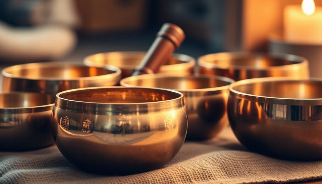 A serene arrangement of assorted singing bowls, their polished copper and brass surfaces reflecting warm, diffused lighting. The bowls are nestled on a soft, earthy surface, perhaps a woven mat or natural fabric, creating a calming, meditative atmosphere. The bowls are of varying sizes, each with its own unique tone and resonance, inviting the viewer to imagine the soothing, harmonious chimes that would emanate from this carefully curated collection. The background is blurred, allowing the singing bowls to be the focal point, drawing the eye to their intricate details and the subtle interplay of light and shadow. This image evokes a sense of tranquility and invites the viewer to explore the spiritual and therapeutic benefits of incorporating singing bowls into a meditation practice.
