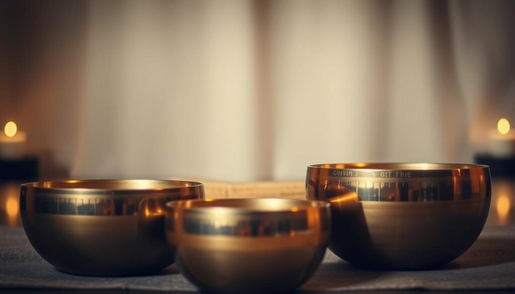 A serene arrangement of gleaming singing bowls in a dimly lit, calming environment. The bowls are positioned prominently in the foreground, their metallic surfaces reflecting the soft, warm lighting. In the middle ground, a soothing, minimalist backdrop, perhaps a wooden table or a neutral-toned fabric, allows the bowls to take center stage. The background is gently blurred, creating a sense of tranquility and focus on the healing instruments. The overall mood is one of introspection, solace, and the potential for emotional release through the resonant tones of the singing bowls.