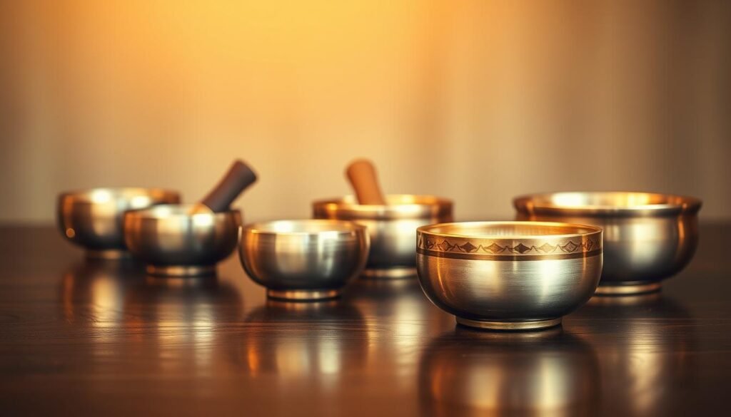 A serene arrangement of several singing bowls resting on a dark, polished wooden surface. The bowls are bathed in warm, gentle lighting, creating a soothing, meditative atmosphere. The bowls are placed in the foreground, with a soft, blurred background that suggests a tranquil, contemplative setting. The bowls are crafted from various metals, each with a unique shape and size, reflecting the diversity of singing bowls used in meditation practices. The scene conveys a sense of harmony, balance, and the calming power of these ancient instruments. A serene arrangement of several singing bowls resting on a dark, polished wooden surface. The bowls are bathed in warm, gentle lighting, creating a soothing, meditative atmosphere. The bowls are placed in the foreground, with a soft, blurred background that suggests a tranquil, contemplative setting. The bowls are crafted from various metals, each with a unique shape and size, reflecting the diversity of singing bowls used in meditation practices. The scene conveys a sense of harmony, balance, and the calming power of these ancient instruments.