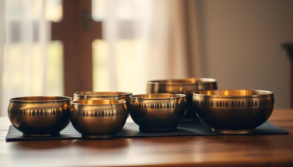 A serene arrangement of singing bowls sits atop a wooden table, bathed in soft, diffused lighting. The bowls, crafted from various metals, emit a mesmerizing glow, their surfaces reflecting the warmth of the scene. The bowls are placed in a meditative, symmetrical pattern, inviting the viewer to engage in a moment of tranquility and introspection. The background is blurred, with subtle hints of a calming, natural environment, creating a sense of focus and concentration on the singing bowls themselves. The overall atmosphere is one of peace, harmony, and the potential for a deeply immersive meditation experience.