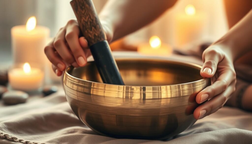 A serene close-up of a person's hands gently striking a polished, bronze singing bowl, creating rippling vibrations across its surface. The bowl is placed on a soft, muted fabric in the foreground, with a blurred, hazy background of candlelight and natural elements like river stones or driftwood. Warm, golden lighting casts a peaceful, meditative glow, while a sense of tranquility and focus permeates the scene. The angle and composition draw the viewer's attention to the mesmerizing movement of the bowl, inviting them to experience the soothing, restorative power of this ancient sound healing practice.