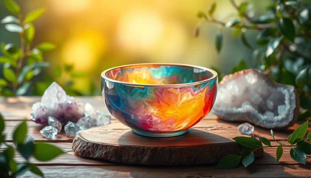 A serene crystal singing bowl rests on a wooden surface, its vibrant hues and mesmerizing patterns reflecting the chakras' energies. Surrounding it, delicate quartz crystals, amethyst geodes, and a lush, verdant foliage create a tranquil, nature-inspired setting. Soft, diffused lighting casts a warm, calming glow, evoking a sense of inner harmony. The scene conveys a meditative atmosphere, inviting the viewer to engage in a soothing chakra alignment experience through the power of sound therapy. A serene crystal singing bowl rests on a wooden surface, its vibrant hues and mesmerizing patterns reflecting the chakras' energies. Surrounding it, delicate quartz crystals, amethyst geodes, and a lush, verdant foliage create a tranquil, nature-inspired setting. Soft, diffused lighting casts a warm, calming glow, evoking a sense of inner harmony. The scene conveys a meditative atmosphere, inviting the viewer to engage in a soothing chakra alignment experience through the power of sound therapy.