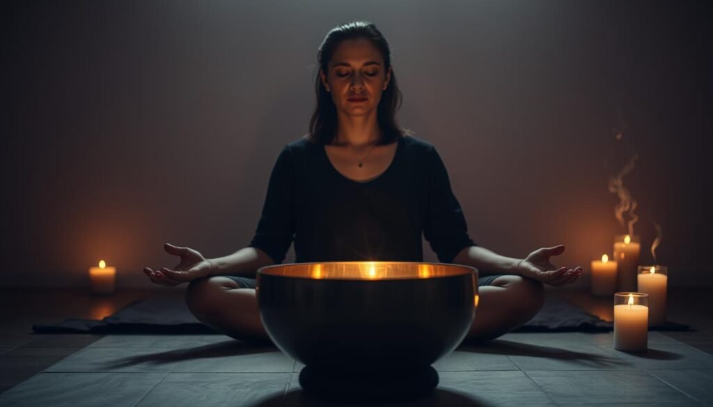 A serene, dimly lit room where a person sits cross-legged, deeply immersed in the soothing vibrations of a singing bowl. Soft, diffused lighting casts a warm, meditative glow, creating an atmosphere of tranquility and healing. The bowl's metal surface reflects the flickering candlelight, its gentle ringing resonating through the space. In the background, wisps of fragrant incense drift through the air, adding to the calming, introspective ambiance. The subject's expression is one of profound focus and inner peace, as the restorative power of the singing bowl's reverberations envelops them, guiding their emotional healing journey.