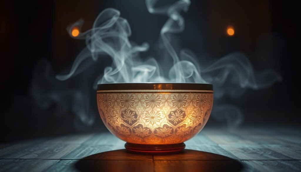 A serene, dimly lit room with a glowing, crystal singing bowl at the center. Soft, warm lighting casts a tranquil glow, illuminating the intricate patterns and textures of the bowl. In the background, wisps of ethereal smoke curl and dance, creating a hazy, meditative atmosphere. The scene is captured from a low angle, emphasizing the bowl's captivating presence. Subtle sound waves radiate outward, visualized as delicate, shimmering lines that seem to reverberate through the space. The overall mood is one of deep contemplation and the exploration of the restorative power of sound.
