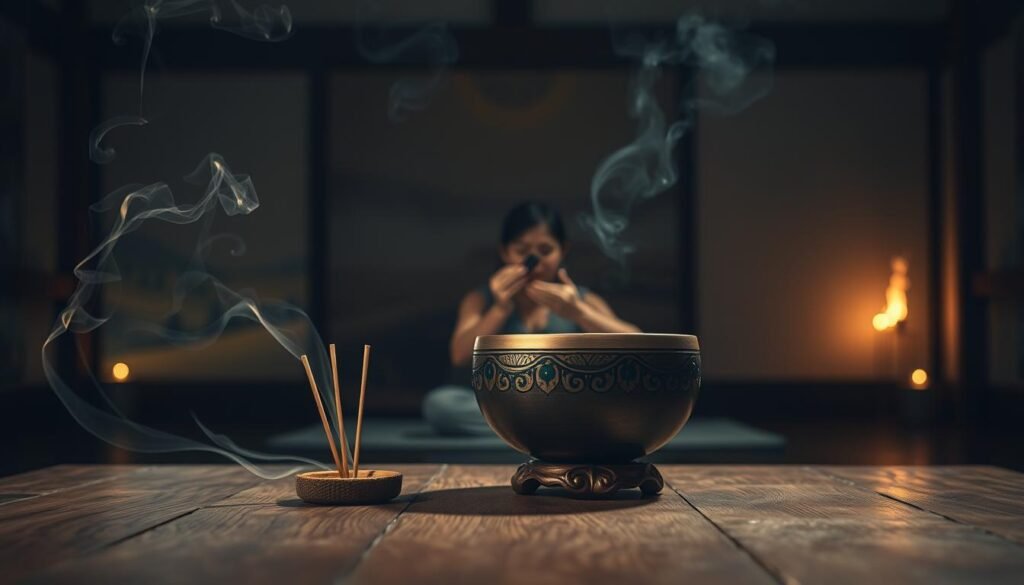 A serene, dimly lit room with a wooden table in the foreground, upon which rests an ornate singing bowl. Streams of incense smoke curl lazily, casting a warm, meditative glow. In the middle ground, a practitioner's hands delicately strike the bowl, producing a resonant, soothing tone that fills the space. The background features a blurred, natural landscape, hinting at the connection between the inner and outer worlds. Soft, directional lighting illuminates the scene, emphasizing the tranquility and focus required for this emotional and spiritual practice. A serene, dimly lit room with a wooden table in the foreground, upon which rests an ornate singing bowl. Streams of incense smoke curl lazily, casting a warm, meditative glow. In the middle ground, a practitioner's hands delicately strike the bowl, producing a resonant, soothing tone that fills the space. The background features a blurred, natural landscape, hinting at the connection between the inner and outer worlds. Soft, directional lighting illuminates the scene, emphasizing the tranquility and focus required for this emotional and spiritual practice.