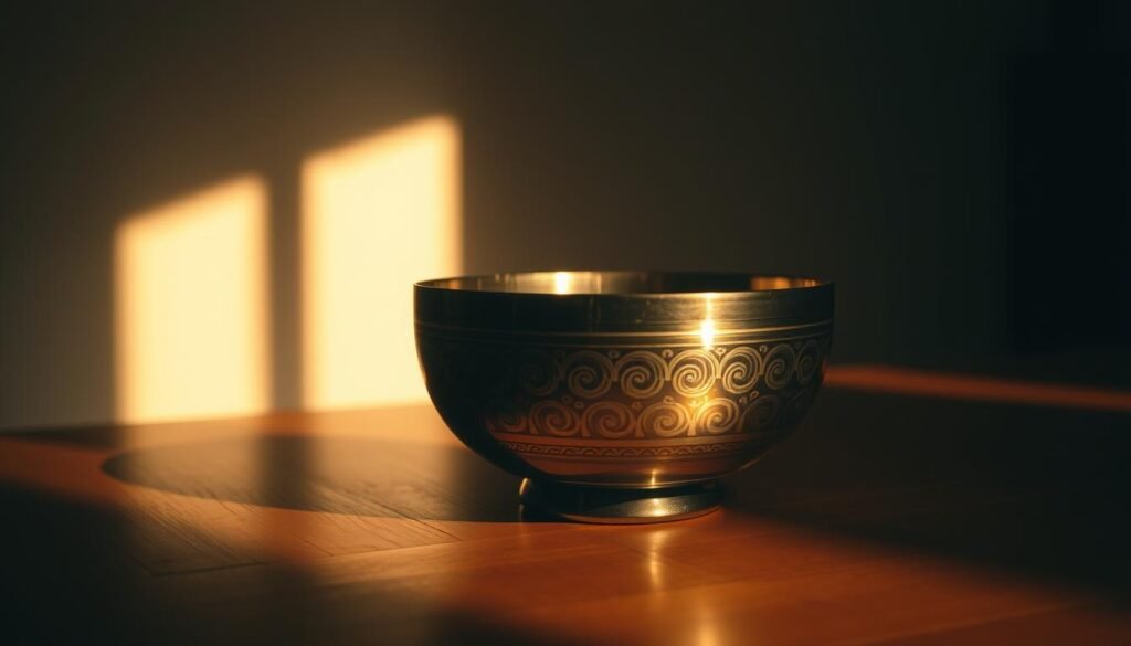 A serene, dimly lit room with warm, soft lighting highlighting a carefully selected singing bowl placed on a wooden surface. The bowl's intricate patterns and gleaming metallic finish draw the eye, inviting the viewer to appreciate its craftsmanship and potential for healing vibrations. Subtle shadows cast by the bowl create a sense of depth and dimensionality, while the background remains intentionally blurred, allowing the singing bowl to be the central focus. The overall atmosphere conveys a sense of tranquility and contemplation, setting the stage for the exploration of the singing bowl's role in grief and emotional trauma recovery.