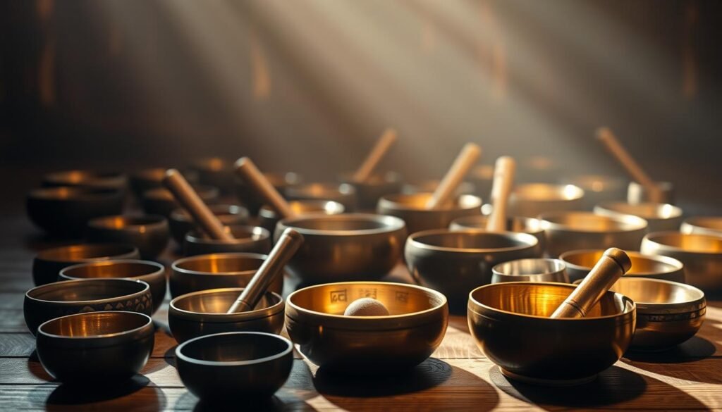 A serene, dimly lit sanctuary filled with an arrangement of singing bowls in various sizes and materials. The bowls are placed on a wooden surface, casting gentle shadows and reflecting the warm, mellow lighting that bathes the scene. The bowls are arranged in a harmonious, meditative layout, inviting the viewer to explore their soothing, resonant tones. The background is softly blurred, creating a sense of focus and tranquility on the singing bowls themselves. The overall atmosphere is one of deep relaxation and introspection, perfect for incorporating these calming instruments into one's daily life.