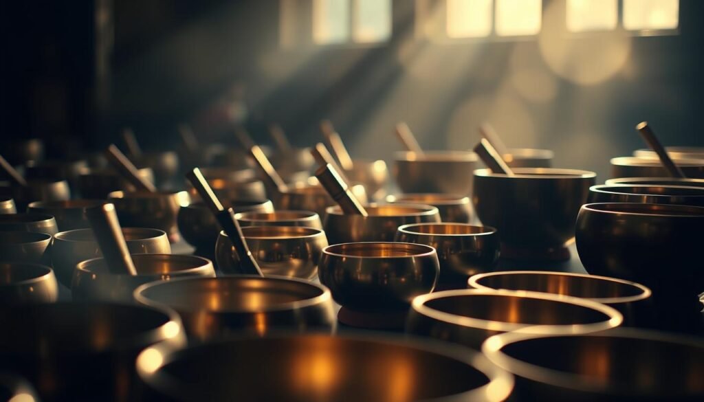 A serene, dimly lit sanctuary filled with an array of singing bowls arranged in a harmonious display. The bowls, crafted from various metals, gleam softly under the warm, diffused lighting, casting gentle reflections on the smooth, polished surfaces. The scene evokes a sense of tranquility and invites the viewer to experience the profound, resonant tones of these ancient instruments. The composition emphasizes the bowls' organic shapes and the interplay of light and shadow, creating a visually calming and meditative atmosphere. The background is hazy and indistinct, allowing the singing bowls to take center stage and capture the viewer's focus on the spiritual potential of sound healing.