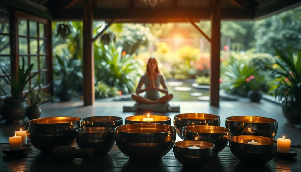 A serene, dimly lit sanctuary filled with the harmonious resonance of singing bowls. In the foreground, an array of various-sized crystal and metal bowls sit atop a wooden table, their surfaces reflecting the soft, warm glow of candlelight. In the middle ground, a meditative figure assumes a cross-legged pose, hands resting gently on their lap as they attune to the soothing vibrations. The background reveals a tranquil scene of a lush, verdant garden with a tranquil pond, the chakra-aligned colors of the plants and flowers adding to the calming ambiance. The scene is captured with a shallow depth of field, emphasizing the focal point of the singing bowls and the person aligning their energy. The overall mood is one of deep introspection and spiritual harmony.