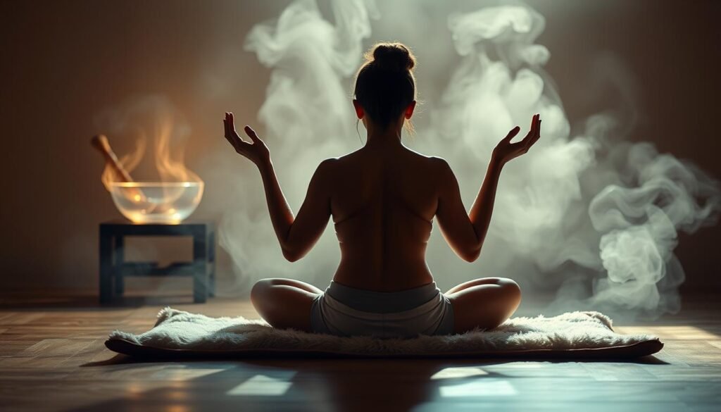 A serene figure seated in a lotus position, palms upturned, on a plush meditation cushion. Soft, warm lighting illuminates the scene, casting a peaceful glow. In the background, a crystalline singing bowl rests on a wooden table, its surface gently reflecting the light. Wispy ethereal mist swirls around the figure, creating an atmosphere of tranquility and energy balance. The scene is captured from a low, contemplative angle, inviting the viewer to join in the meditative experience. A serene figure seated in a lotus position, palms upturned, on a plush meditation cushion. Soft, warm lighting illuminates the scene, casting a peaceful glow. In the background, a crystalline singing bowl rests on a wooden table, its surface gently reflecting the light. Wispy ethereal mist swirls around the figure, creating an atmosphere of tranquility and energy balance. The scene is captured from a low, contemplative angle, inviting the viewer to join in the meditative experience.