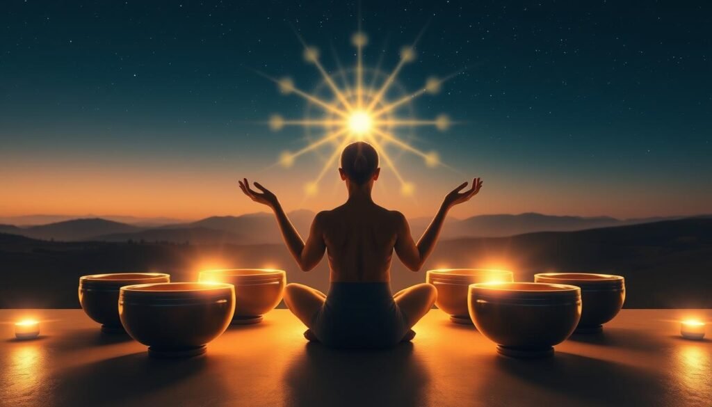 A serene figure sits cross-legged, palms upturned, surrounded by a halo of crystalline singing bowls bathed in warm, soft light. The bowls emit a mesmerizing glow, their vibrations palpable, as the meditator's aura blends with the ethereal energy. In the background, a tranquil landscape of rolling hills and a starry night sky create a soothing, otherworldly atmosphere. The overall scene conveys a sense of deep, restorative connection, inviting the viewer to experience the harmonious vibrations that can balance and heal the chakras. A serene figure sits cross-legged, palms upturned, surrounded by a halo of crystalline singing bowls bathed in warm, soft light. The bowls emit a mesmerizing glow, their vibrations palpable, as the meditator's aura blends with the ethereal energy. In the background, a tranquil landscape of rolling hills and a starry night sky create a soothing, otherworldly atmosphere. The overall scene conveys a sense of deep, restorative connection, inviting the viewer to experience the harmonious vibrations that can balance and heal the chakras.