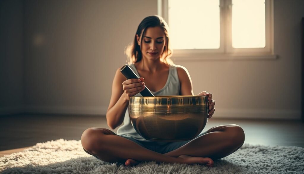 A serene indoor scene with a person sitting cross-legged on a plush rug, holding a polished bronze singing bowl in their hands. Soft, warm lighting from a window casts a gentle glow, highlighting the intricate details of the bowl. The background features a minimalist, Zen-inspired interior with clean lines and muted colors, creating a calming, meditative atmosphere. The person's expression is one of deep focus and concentration as they gently strike the rim of the bowl, producing a rich, resonant tone that seems to fill the space. The image conveys a sense of tranquility and the transformative power of sound healing practices.