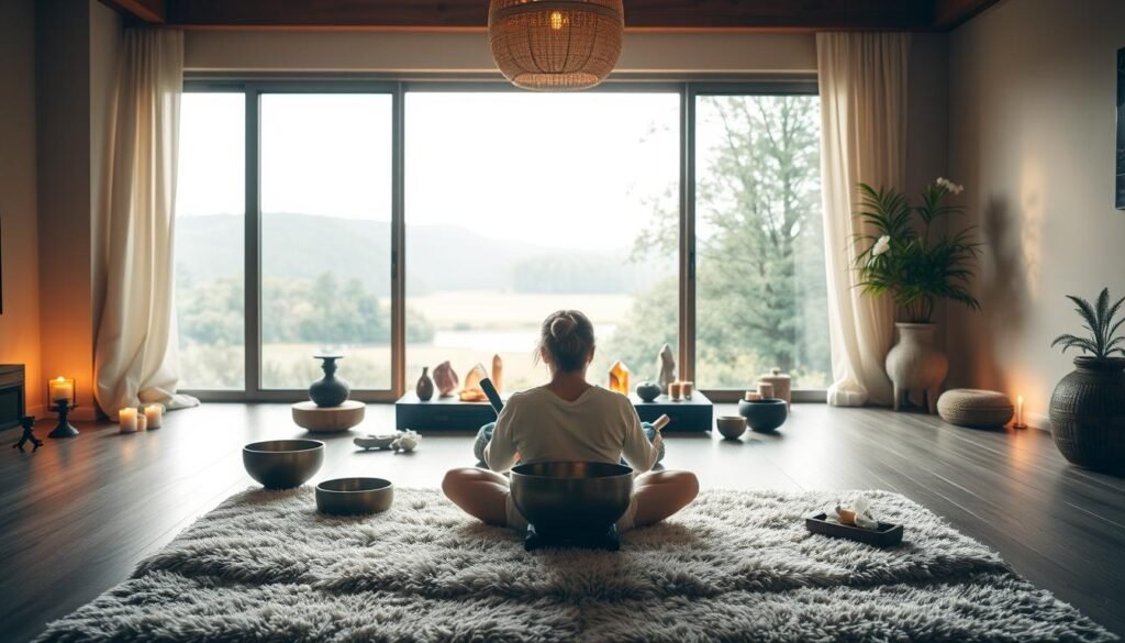 A serene meditation room bathed in warm, soft lighting. In the foreground, a person sits cross-legged on a plush rug, holding a set of singing bowls. The bowls emit a soothing, resonant hum, creating a calming, meditative atmosphere. The middle ground features an array of healing crystals, incense, and other tools for chakra balancing. In the background, a large window overlooks a peaceful, natural landscape, further enhancing the tranquil, spiritual ambiance. The overall scene conveys a sense of harmony, introspection, and the integration of mind, body, and spirit.