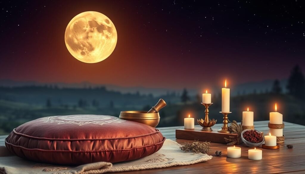 A serene meditation setup under the enchanting glow of a full moon. In the foreground, a plush, ornate meditation cushion rests on a wooden platform, adorned with a soft, shimmering fabric. Nearby, a singing bowl emits a soothing, resonant tone, its bronze surface reflecting the lunar radiance. In the middle ground, delicate candles flicker, casting a warm, ambient light, while intricate crystals and sacred herbs surround the setup, infusing the space with a subtle, mystical energy. The background is a tranquil, moonlit landscape, with distant silhouettes of trees and a clear, starry sky, conveying a sense of peaceful isolation and deep connection with the natural world.