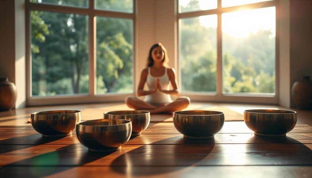 A serene meditation space, bathed in soft, warm lighting. In the foreground, a group of singing bowls rest on a wooden table, their polished surfaces gleaming. In the middle ground, a person sits cross-legged, their eyes closed, palms facing upwards, deeply immersed in a mindfulness practice. The background features a tranquil, minimalist interior, with large windows overlooking a lush, verdant landscape. The atmosphere is one of profound calm and introspection, inviting the viewer to pause and reflect on the transformative power of this ancient practice.