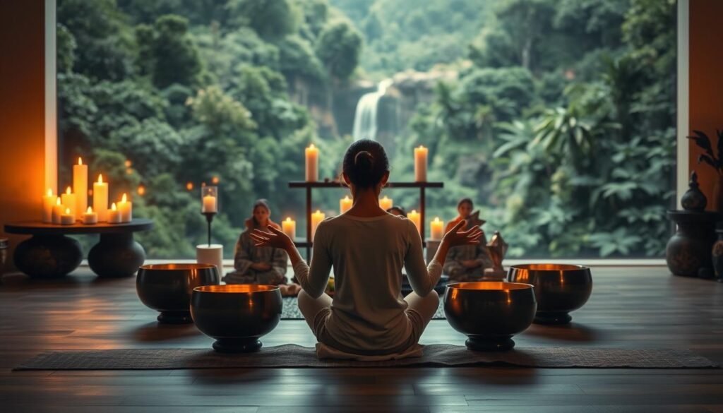 A serene meditation space, bathed in warm, diffused lighting. In the foreground, a person sits cross-legged, palms upturned, eyes closed, as they align their chakras through the resonant vibrations of a set of singing bowls positioned around them. The middle ground features an altar adorned with candles, crystals, and other sacred objects, creating a tranquil, ritualistic atmosphere. In the background, a lush, verdant landscape unfolds, with a hint of a waterfall or stream visible, further enhancing the sense of harmony and connection with nature. The overall composition conveys a deep sense of inner balance, spiritual awakening, and the soothing power of sound-based healing practices. A serene meditation space, bathed in warm, diffused lighting. In the foreground, a person sits cross-legged, palms upturned, eyes closed, as they align their chakras through the resonant vibrations of a set of singing bowls positioned around them. The middle ground features an altar adorned with candles, crystals, and other sacred objects, creating a tranquil, ritualistic atmosphere. In the background, a lush, verdant landscape unfolds, with a hint of a waterfall or stream visible, further enhancing the sense of harmony and connection with nature. The overall composition conveys a deep sense of inner balance, spiritual awakening, and the soothing power of sound-based healing practices.