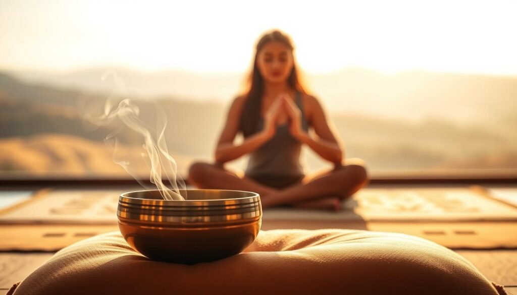 A serene meditation space bathed in warm, soft lighting. In the foreground, a polished bronze singing bowl rests on a plush, earth-toned cushion. Wisps of incense drift upwards, filling the air with a calming, spiritual aroma. In the middle ground, a person sits cross-legged, eyes closed, hands gently cradling the singing bowl as they strike it, producing a soothing, resonant tone that seems to reverberate throughout the tranquil scene. The background features a blurred, minimalist landscape, evoking a sense of inner focus and connection with the natural world. The overall mood is one of deep relaxation, introspection, and the profound benefits of a regular singing bowl practice.