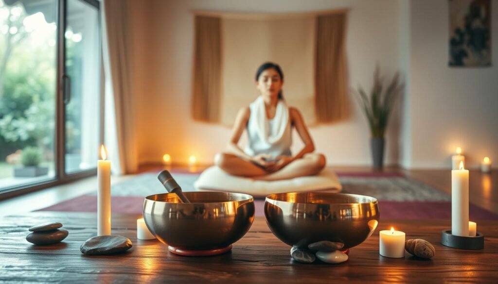 A serene meditation space bathed in warm, soft lighting. In the foreground, a wooden table holds a pair of ornate singing bowls, their gleaming surfaces reflecting the candlelight. Alongside them, natural elements like river stones and fragrant incense sticks create a calming ambiance. In the middle ground, a person sits cross-legged on a plush meditation cushion, their eyes closed in a state of deep focus, hands gently resting on their lap. The background features a tranquil scene, perhaps a window overlooking a lush garden or a minimalist wall hanging, further enhancing the atmosphere of mindfulness and inner peace.