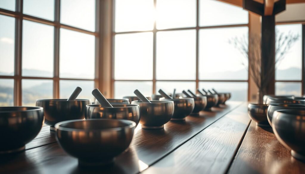 A serene meditation space filled with an array of singing bowls gently resonating, their mesmerizing vibrations filling the air. The bowls are placed on a wooden table, their metallic surfaces catching the soft natural light streaming in through large windows, casting gentle reflections. In the background, a tranquil landscape of rolling hills and distant mountains creates a calming, zen-like atmosphere. The scene evokes a sense of inner peace and spiritual tranquility, inviting the viewer to become immersed in the meditative practice. The camera angle is slightly elevated, providing a visually pleasing, harmonious composition.